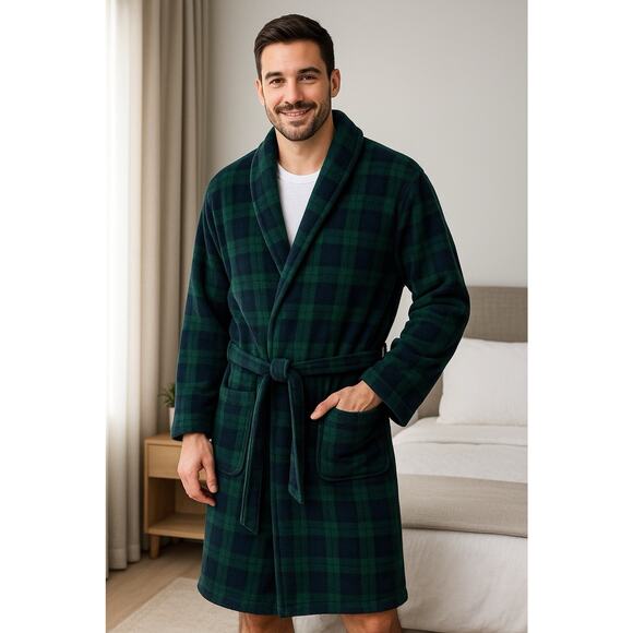 Nautica Mens Robe One Size Blue Green Tartan Plaid Cozy Soft NWT - Picture 1 of 9